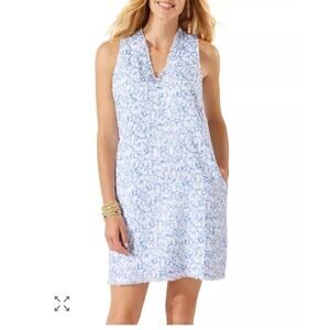 Tommy Bahama El Coral Ruffled 100% Linen Shift Dress Blue & White size XS